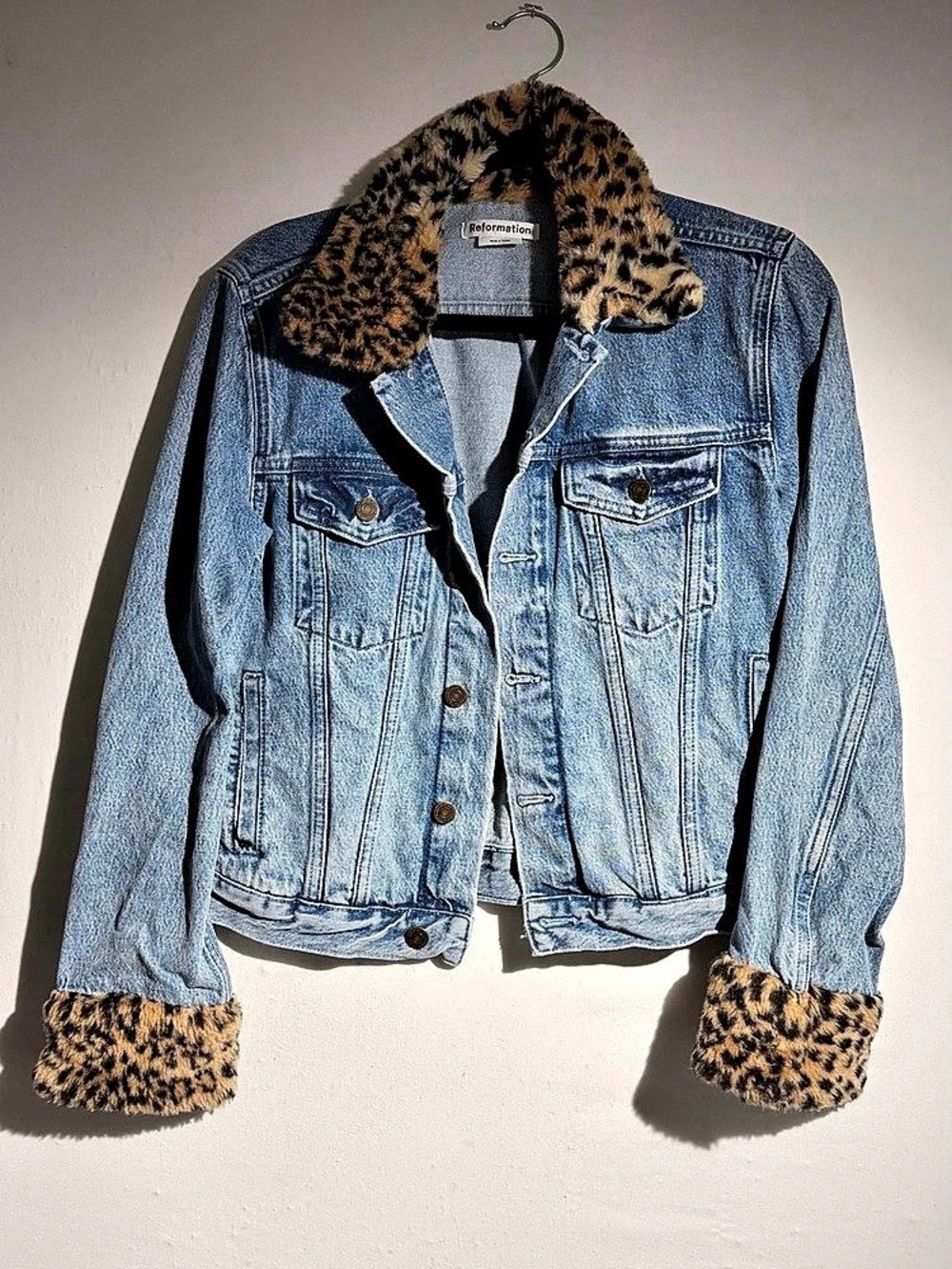 Reformation Denim jacket with Leopard Print faux fur